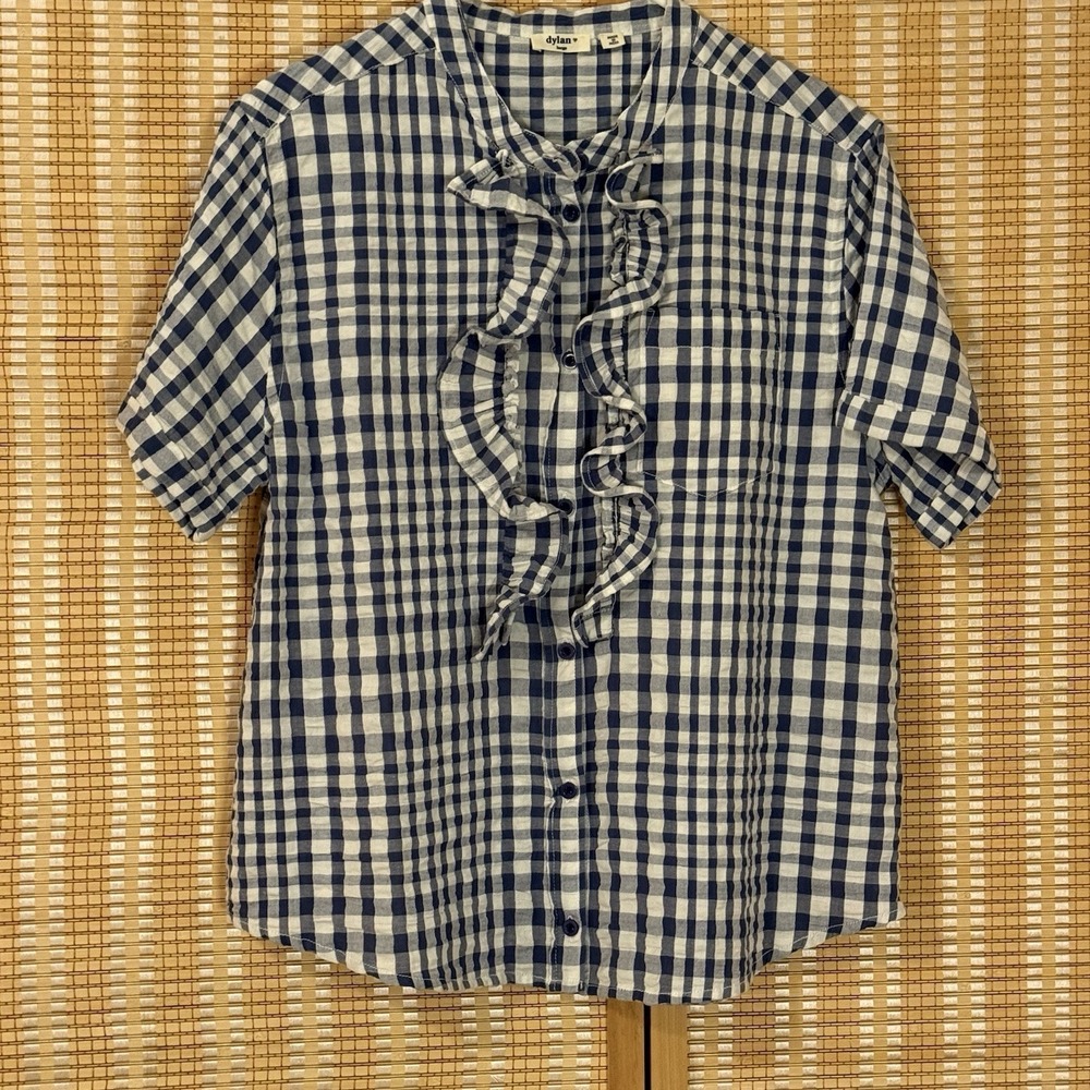 Dylan‎ Womens L Top Blue White Gingham Checkered Button Up Western Cottagecore